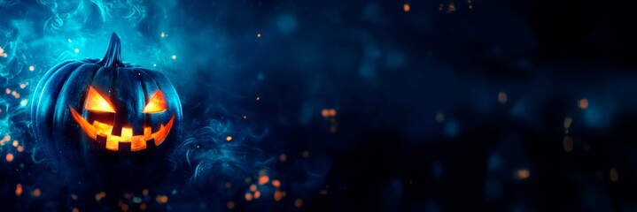 Wall Mural - abstract halloween background with pumpkins in the dark night with glowing light particles banner de