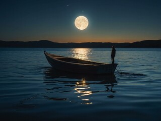 Sticker - Surreal Boat Scene with a Lone Figure and Glowing Orb-Moons Casting Light on the Water.