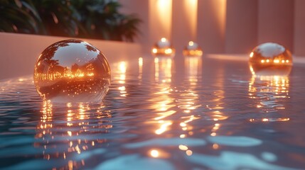 Canvas Print - Glass Sphere Floating on Water with Reflections of Warm Lights