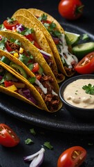 Taco with seasoned meat, colorful veggies, and creamy sauce on black background.