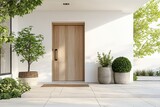 Simple yet elegant entrance of a new house with a wooden door and crisp white wall for a welcoming appearance
