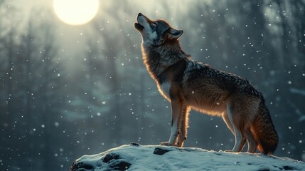 Wall Mural - Wolf howling in a snowy forest