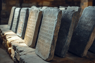 Ancient stone tablets featuring inscribed commandments, representing a powerful historical and religious symbol of moral and ethical guidelines