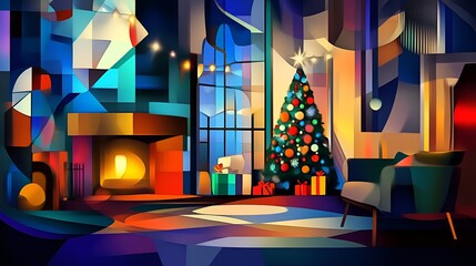 Wall Mural - Christmas Living room in cubist style - tree - fireplace - lights - stockings - presents - festive - holiday decorating - home for the holidays 