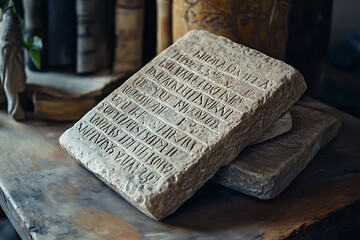 Ancient stone tablets featuring inscribed commandments, representing a powerful historical and religious symbol of moral and ethical guidelines