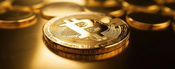 A close-up of a shiny gold Bitcoin on a golden background, symbolizing cryptocurrency and digital finance.