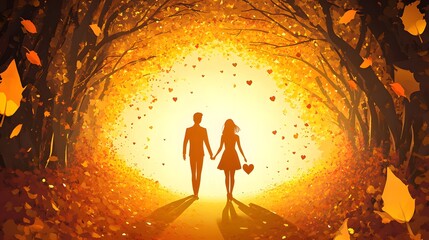 A couple holding hands, walking hand in hand through an autumn forest with falling leaves. Vector illustration of love and romance