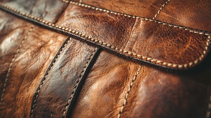 Closeup of Brown Leather Texture with Stitching.