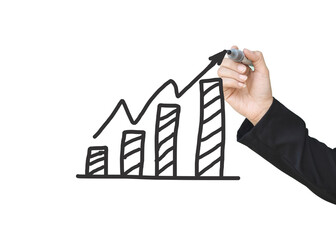 Hand drawing growth graphs of financial indicator and accounting market economy analysis chart, business strategy concept. businesswoman with financial graphs symbols on white background.