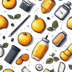 Poster - Hand Drawn Pattern with Fruits, Bottles and Pencil