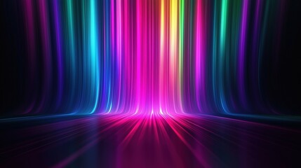 Fototapete - Colorful spectrum background featuring vibrant vertical stripes and glowing light rays on a dark backdrop. The neon multicolored lights create a stunning gradient effect, with rainbow colors blending 