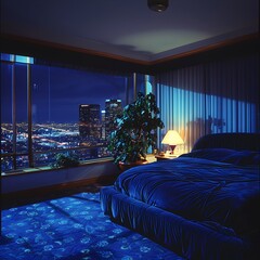 Wall Mural - arafed view of a bedroom with a city view at night