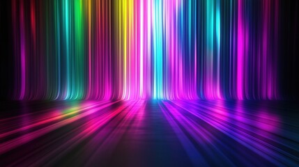 Fototapete - Colorful spectrum background featuring vibrant vertical stripes and glowing light rays on a dark backdrop. The neon multicolored lights create a stunning gradient effect, with rainbow colors blending 