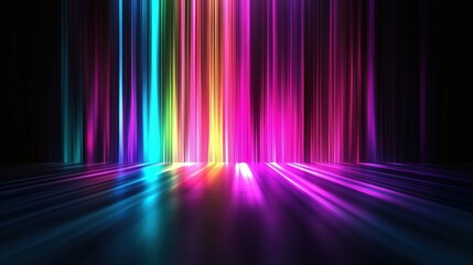 Aufkleber - Colorful spectrum background featuring vibrant vertical stripes and glowing light rays on a dark backdrop. The neon multicolored lights create a stunning gradient effect, with rainbow colors blending 