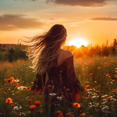 Wall Mural - araffe woman in a field of flowers at sunset