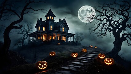 A haunted house on a hill under a full moon, surrounded by dense fog, with twisted trees and glowing jack-o'-lanterns lining the pathway.