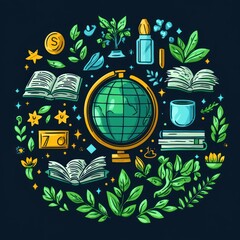 Poster - Globe surrounded by books, plants and other academic objects