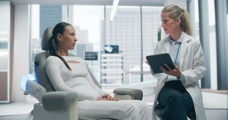 Aufkleber - Female Doctor Consults With Female Patient in a High-tech Medical Clinic, Discussing Advanced Healthcare Solutions. Futuristic Setting Features Advanced Technology and Modern Design.