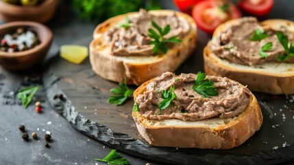 Toasted bread topped with a creamy spread, garnished with fresh parsley and peppercorns, served on a rustic slate board.