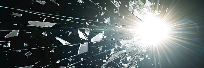 A bright white light shining down on a broken mirror, reflecting shattered pieces of glass and revealing a distorted image beneath.