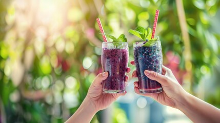 Hand hold summer drink with blueberry fruit