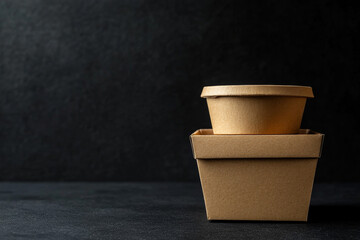 Two kraft biodegradable takeaway containers stacked against a dark background, showcasing minimalistic eco-friendly packaging for food delivery and storage.