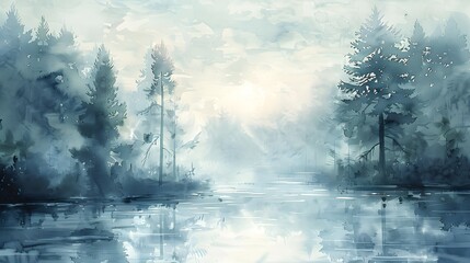 A serene watercolor painting depicting a misty forest and tranquil river in complete isolation from human influence.