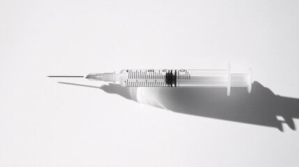 Wall Mural - Photogram of a medical syringe with its needle casting a long sharp shadow on a light background creating a strong visual impact Stock Photo with copy space