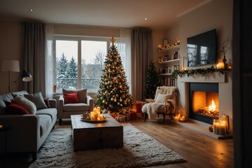 Cozy interior of a living room in a house or apartment decorated for christmas and the new year holidays