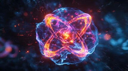 Canvas Print - 92. Sci-fi inspired close-up of a vibrant atom with glowing, pulsating molecular formations