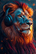 © Vertigo Images - A majestic lion with a flowing mane, wearing headphones,  looks up with a pensive expression.