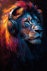 Wall Mural - A majestic lion with vibrant fur, painted in shades of blue, red and yellow, listens to music with headphones.