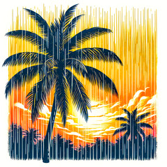 Wall Mural - A scene with a palm tree silhouetted against a vintage sunset, with rain falling lightly minimalist vector art illustration images on a white background.
