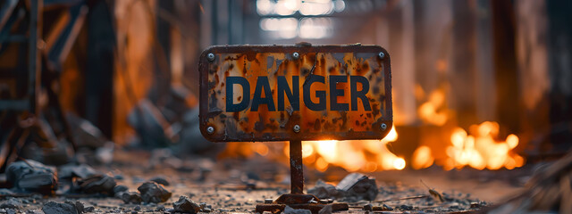 A rusted danger sign stands prominently in a desolate, fire-damaged building, warning of potential hazards in the chaotic environment.