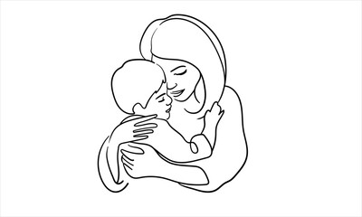 Wall Mural - Mother hugs child continuous line art drawing isolated on white background. Mom and son. Vector illustration	