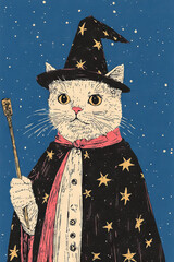 Canvas Print - A white cat wearing a wizard hat and robe with stars on it, holding a wand against a blue starry background.