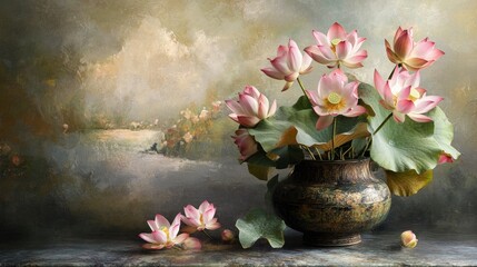 Elegant arrangement of lotuses in a big vase, displayed in a luxury room with rich textures and a realistic, serene background