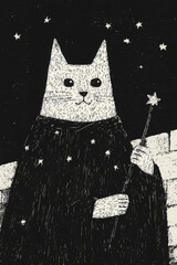 Wall Mural - A whimsical illustration of a cat in a robe holding a star-topped wand. A magical night scene with a starry sky.