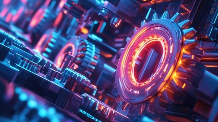 Glowing neon gears turning smoothly in a high-capacity system, set against a dynamic and futuristic background