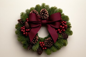 Christmas wreath with pine cones red berries and a big red ribbon rustic and traditional design natural elements green and red palette holiday spirit