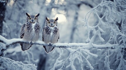 Canvas Print - Snowy Owls Perched on a Frosty Branch