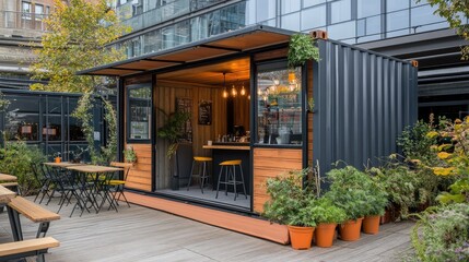 Wall Mural - A shipping container repurposed as a small pop-up shop or cafe, with plants and outdoor seating.