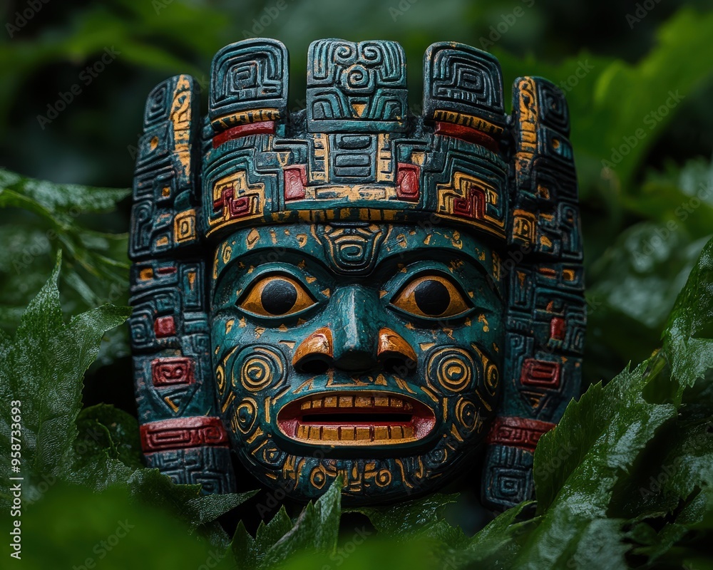 Aztec King Mask Surrounded by dense jungle greenery, a detailed and colorful Aztec mask ...