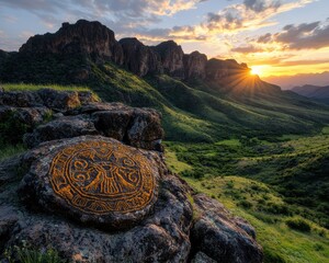 An ancient petroglyph carved into a rock, set against a breathtaking mountain landscape at sunset, blending nature and history.