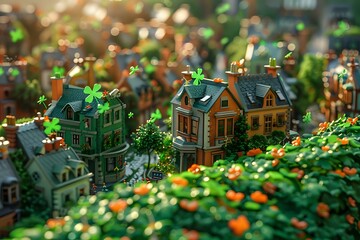 A charming miniature neighborhood scene with detailed houses and lush greenery under warm sunlight. Perfect for creative projects, architecture concepts, or storytelling visuals.