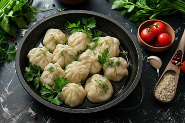 Dumplings with herbs in a cast-iron pan, garnished with fresh parsley and dill.