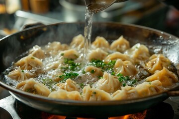 Steaming dumplings cook in a hot pan as water is poured, creating a savory and flavorful dish.