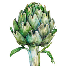 Watercolor painting of a green artichoke with leaves.