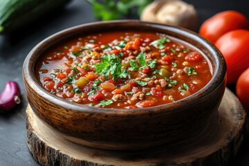 Wall Mural - A Wooden Bowl Filled with Hearty Chili, Topped with Parsley