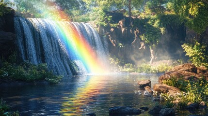 A vivid rainbow over a scenic waterfall, with cascading water and surrounding greenery creating a picturesque setting.